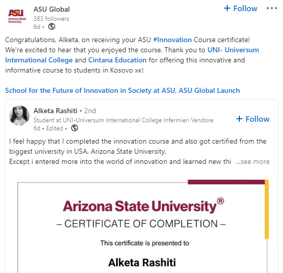 Innovation, certificate, certificate of innovation, ASU, ASU Global, Cintana, UNI, Universum